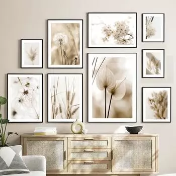Бежевый Пейзаж Плакат Одуванчик Кроличий Хвост Тростниковый Цветок Лист Стена Искусства Принт Холст Картины Настенные Панно Гостиная Домашний Декор A4 21X30cm No Framed