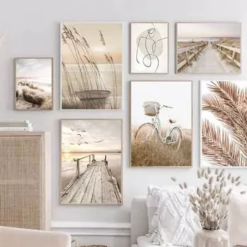 Бежевый Пейзаж Плакат Озеро Лодка Рид Пампасы Трава Бохо Декоративные Картины Холст Настенные Художественные Фотографии Скандинавский Домашний Декор Интерьер 21x30cm No Framed