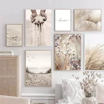 Бежевый песчаный пляж птица ракушка тростник гриб бохо декоративные картины холст настенные картины современный дом украшение гостиной 21x30cm No Framed