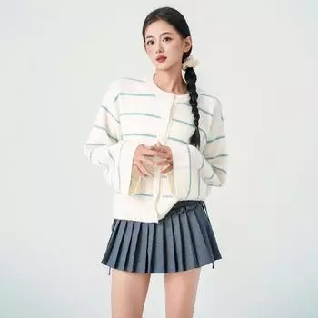 Бежевый полосатый свитер с круглым вырезом: Женский вязаный кардиган свободного кроя во французском стиле 2024 года осень/зима One size бежевый