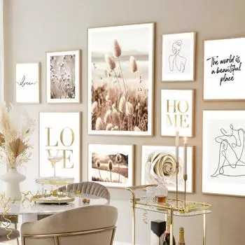 Бежевый Природа Пляжная Трава Одна Линия Женский Плакат Золотой Дом Любовь Настенная Художественная печать Чертополох Цветок Холст Картина Декор в гостиную A4 21X30cm No Framed