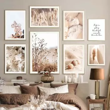 Бежевый Сухоцветы Розовый Настенный Плакат Принт Пляжная Ракушка Настенное Искусство Холст Девиз Жизни Живопись Художественное Украшение Гостиная Фотографии 21x30cm No Frame