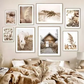 Бежевый Трава Цветок Тростник Картина Холст Осенний Пейзаж Белка Овца Настенные Художественные Печати Скандинавские Постеры Картина Декор Гостиной 21x30cm No Framed