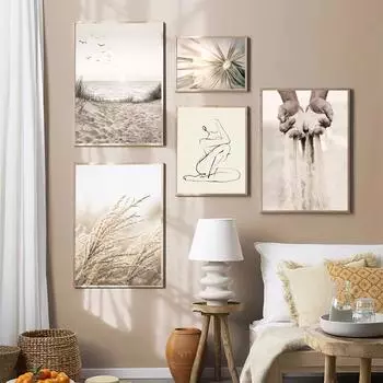 Бежевый тростник, пляжный пейзаж, постер, женское тело, линии искусства, принт, декоративные картины, настенные картины, холст, богемный домашний декор 21x30cm No Framed