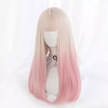 бежевый x розовый Harajuku маленькое лицо с сеткой Полудлинный парик, женский парик, прямой, натуральный, стиль, популярный, эффект, милый,