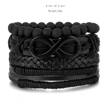 Безлимитные 8-символьные аксессуары 4-компонентный браслет из коровьей кожи Плетеный вручную Ретро модный браслет чёрный