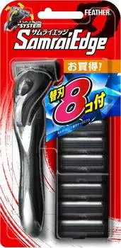 Безопасная бритва Feather FEATHER Samurai Edge Body 8 запасных лезвий, сделано в Японии, бритва для бритья, 1 шт., F-система + 3 лезвия, T-образная форма, мужская (х 1)