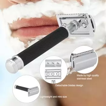 Безопасная бритва с двойным лезвием, ручная бритва из нержавеющей стали, традиционная бритва с длинной ручкой серебряный