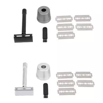 Безопасный триммер с двумя лезвиями, длинная ручка, металлический набор для стрижки бороды, винтажный триммер для бороды с подставкой и лезвием Black