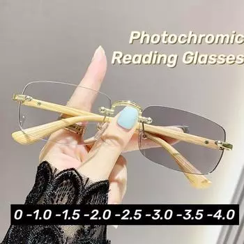 Безрамные фотохромные очки для пресбиопии на бамбуковой ножке, роскошные деловые очки для чтения с имитацией под дерево, очки в стиле ретро с защитой от синего света 0