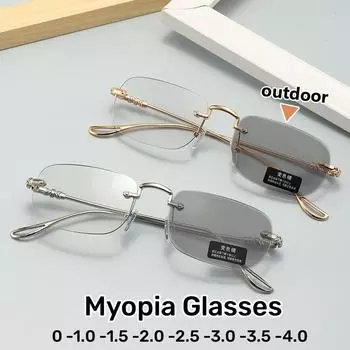 Безрамные прозрачные линзы, меняющие цвет, очки для близорукости, модные трендовые женские и мужские очки для близорукости, уличные фотохромные солнцезащитные очки -3.0