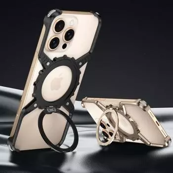 Безрамный алюминиевый сплав для чехла Magsafe Чехол для iPhone 16 Plus 15 Pro Max 14 Pro 13 Ударопрочный светящийся чехол-подставка с магнитным кольцом для телефона iPhone 16 чёрный