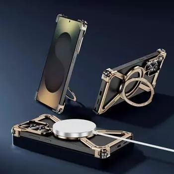 Безрамный чехол для iPhone 16 15 14 13 Pro Max Минималистичный чехол для телефона с магнитной подставкой Титановый металлический безрамный защитный противоударный чехол Samsung Galaxy S24 Ultra чёрный