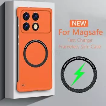 Безрамный магнитный чехол Magsafe Slim для Xiaomi Poco X6 Pro PocoX6 Pro 5G Wireless Charging Hard Back Cover For Poco X6 Pro оранжевый