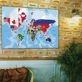 Безрамный постер с картой мира, настенный декор, полиэстер, настенное крепление, для использования в помещении и на открытом воздухе, образовательный декор, дорожные принадлежности 18*29inch/45.72*73.66cm
