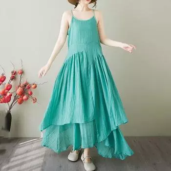 Безрукавка ремень хлопок лен винтажные новые платья для женщин повседневные свободные длинные летние платья L зелёный