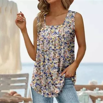 Безрукавка с квадратным вырезом и цветочным принтом, жилет с широкими бретелями, свободный летний топ M синий