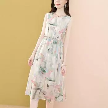 Безрукавка жилет шифоновое платье летнее платье новая талия и тонкий темперамент круглый вырез с принтом средняя и длинная юбка M 95-105