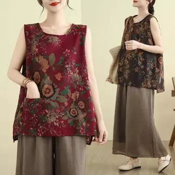 Безрукавки хлопковые свободные футболки с бретельками через шею женские летние безрукавки тонкие эластичные принтованные безрукавки L