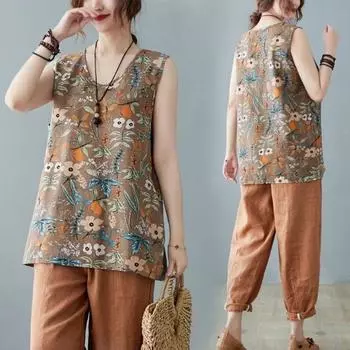 Безрукавки хлопковые свободные футболки с бретельками через шею женские летние безрукавки тонкие эластичные принтованные безрукавки M синий