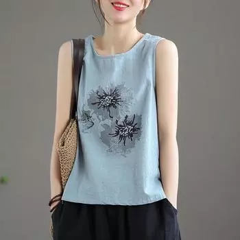 Безрукавки хлопковые свободные футболки с бретельками через шею женские летние безрукавки тонкие эластичные принтованные безрукавки M серый