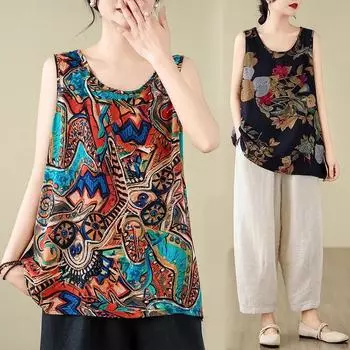 Безрукавки хлопковые свободные футболки с бретельками через шею женские летние безрукавки тонкие эластичные принтованные безрукавки L