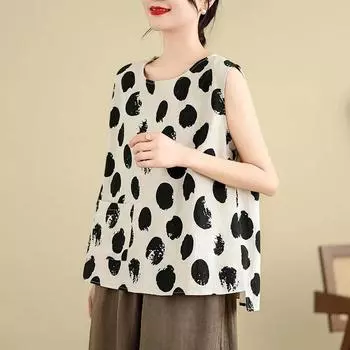 Безрукавки хлопковые свободные футболки с бретельками через шею женские летние безрукавки тонкие эластичные принтованные безрукавки L белый