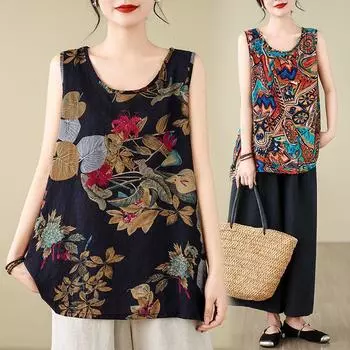 Безрукавки хлопковые свободные футболки с бретельками через шею женские летние безрукавки тонкие эластичные принтованные безрукавки L