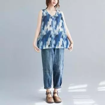 Безрукавки хлопковые свободные футболки с бретельками через шею женские летние безрукавки тонкие эластичные принтованные безрукавки M оранжевый