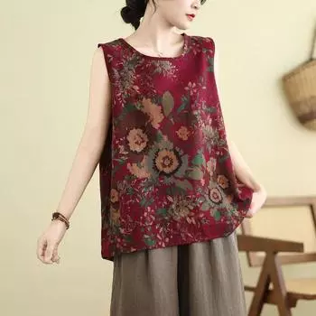 Безрукавки хлопковые свободные футболки с бретельками через шею женские летние безрукавки тонкие эластичные принтованные безрукавки L