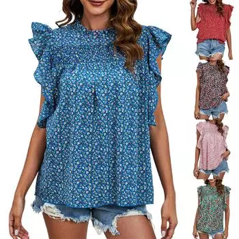 Безрукавный топ с оборчатым воротником и принтом, свободная повседневная футболка S красный