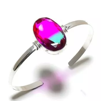 Bi-Color Tourmaline Gemstone 925 Sterling Silver Cuff Bangle Adjustable O8J97