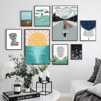 Библейский стих Вдохновляющие цитаты Плакат Пляж Прибой Океан Картина Печать на холсте Звездное небо Вера Картины Гостиная Домашний декор 21x30cm No Framed синий