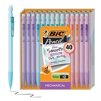 BIC Ultra Smooth Pastel механический карандаш с ластиком, средний кончик, упаковка 40 шт., механические карандаши для школы и офиса (0.7mm)