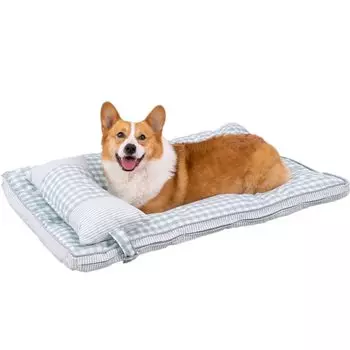 Bidason Bed Pet Cushion Cat Pillow Клетчатый Хлопок Лен Маленький и Средний Для Кошек и Всех Сезонов Набор, Узор, Квадратный, Милый, Стильный, Дышащий, зелёный