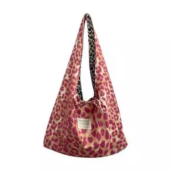 Bidou New Leopard Print Shoulder Messenger Bag Lazy Canvas Bag Versatile Commuter Large Capacity Tote Bag Pink
