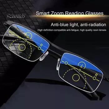 Бифокальные очки для чтения для мужчин Smart Zoom Компьютерные очки для чтения Блокировка синего света Анти-усталость глаз Легкие очки с улучшенной защитой зрения для A чёрный