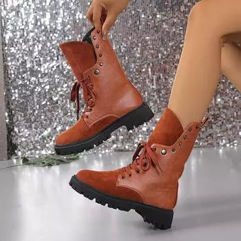 Big 2024 autumn new lace-up round head medium tube solid color splicing women s Martin boots 35 чёрный