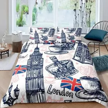 Big Ben Comforter Cover Boys Famous Telephone Booth Bedding Set For Teens Retro London Cityscape Duvet Cover Set With Pillowcase 70x133cm 2pcs