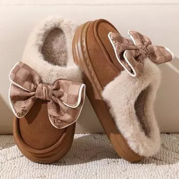 Big Bow Slippers Winter Women s Warm Shoes Fur Lining Woman Cheap Plush Slides Shoe Ladie Faux Suede Leather Mules Clogs Slipper 36-37 хаки