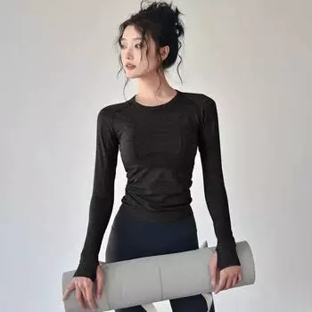 Big Brand Flat Sports Tops Female Fall/Winter Slim round Neck Quick-Drying Yoga Clothes Professional Running Training Workout Long Sleeve Classic Black (B)(A/B lines micro-distinction) M