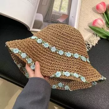 Big Brim Sun-Proof Straw Hat Summer Beach Vacation Ethnic Style Hat Women s 2025 New Style Fisherman Hat Sun Hat Khakis blue flower One size