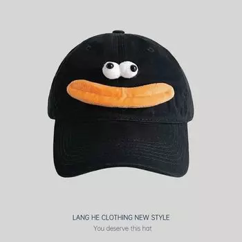 Big Eyes Sausage Mouth Baseball Cap Female K-style Cute Cartoon Peaked Cap Funny Spring and Autumn Hat Black Adjustable
