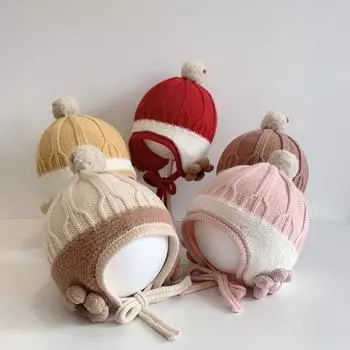 Big flower baby hat autumn and winter wool hat baby knitted hat winter children s ear hat warm spring and autumn Elastic, suitable for babies aged 0-18 months