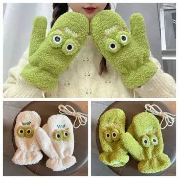 Big Frog Eye Cartoon Plush Gloves Neck Hanger Fingerless Mittens Cute Frog Plush Gloves Riding зелёный