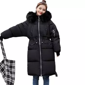 Big fur collar cotton clothes women s medium and long bread clothes 2024 winter new thickened cotton-padded clothes jacket M чёрный