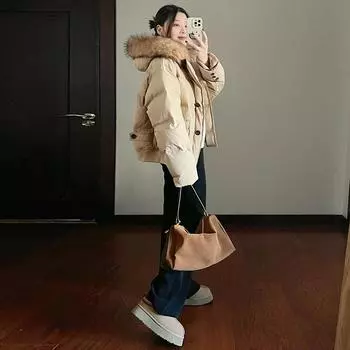 Big Fur Collar Short Down Cotton Coat Women s 2025 New Loose Bread Coat Small Thickened Winter Cotton Coat S recommends 80-50kg