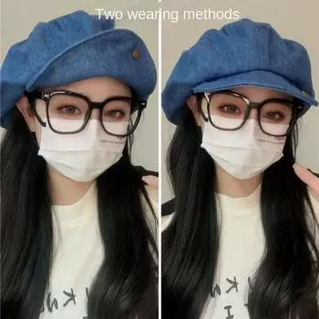 Big Head Circumference Denim Painter Hat British Denim Octagonal Hat Thin Denim Beret Daily темно-синий