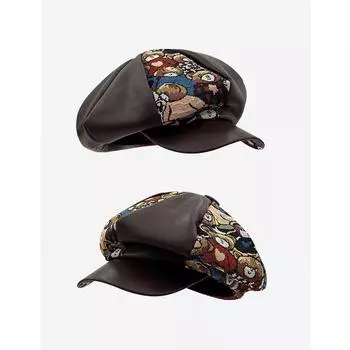 Big head circumference shows small face PU leather painter sings beret tide 2025 new niche graffiti leather octagonal hat woman M56-58cm чёрный