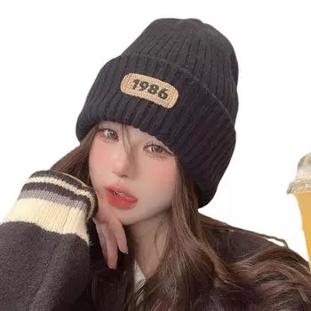 Big head circumference thick wool hat women s loose warm pile knitted hat cold hat big face small knitted ear hat Head circumference 54~ 58cm чёрный